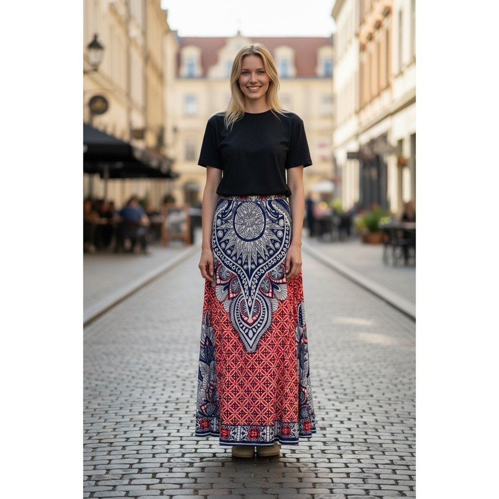 Flying Tomato Maxi Skirt Red Blue‎ White Boho Bohemian Elastic Waist Women's Med